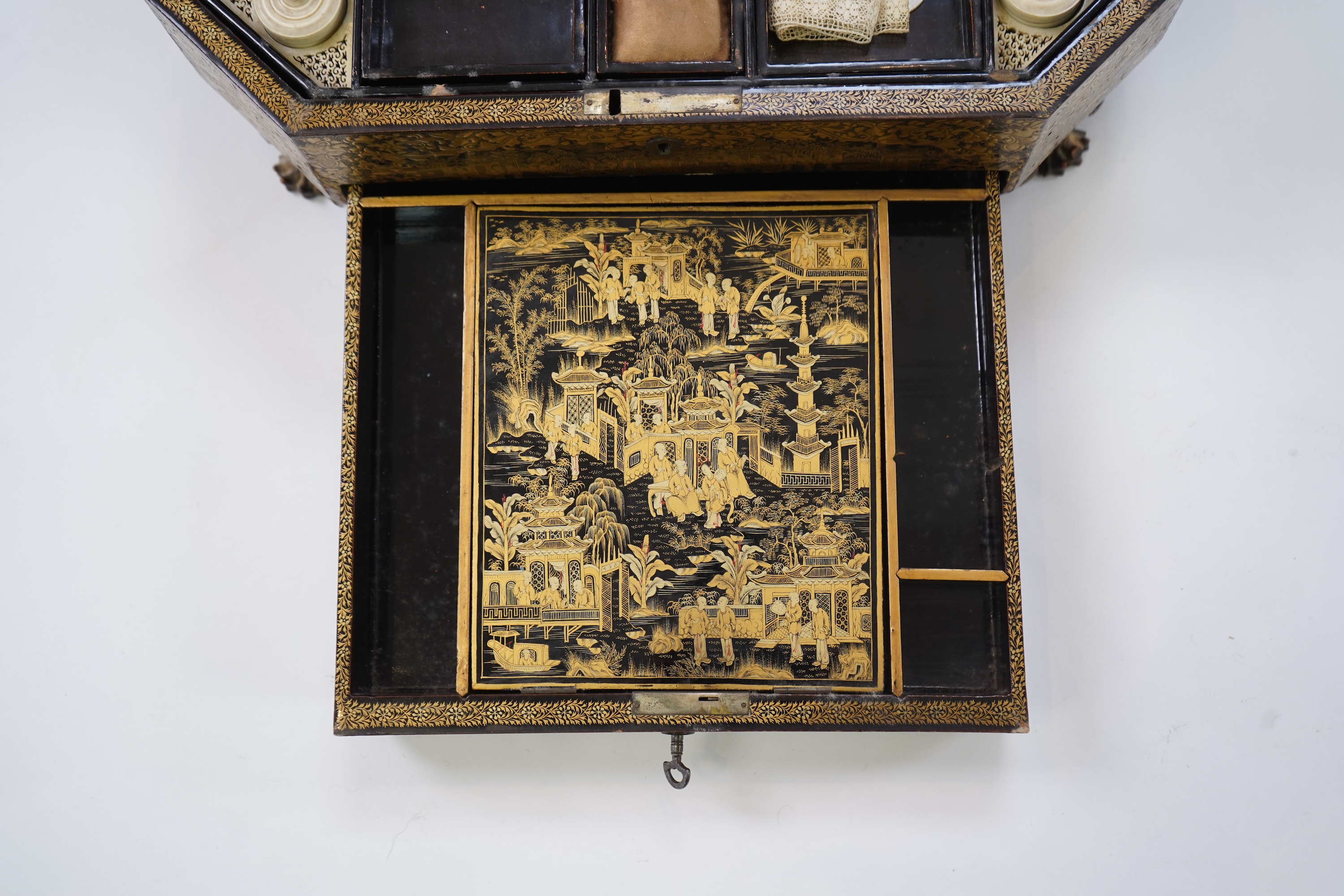 A Chinese export gilt decorated black lacquer sewing box, 19th century